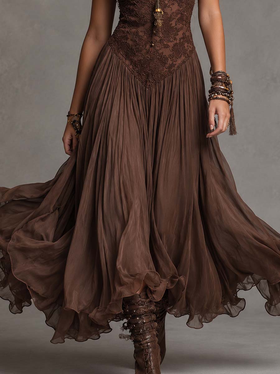 Loreta | Vestido Longo Marrom em Chiffon com Renda