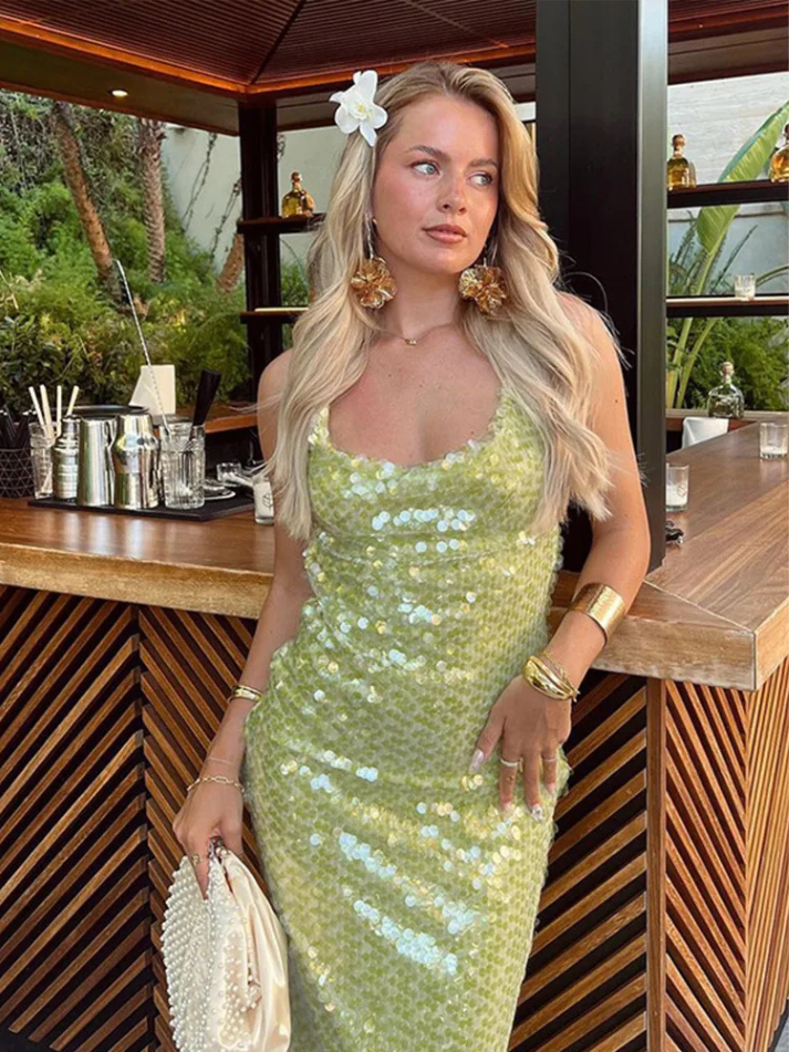 Vestido Longo Paetê Green Maxiane