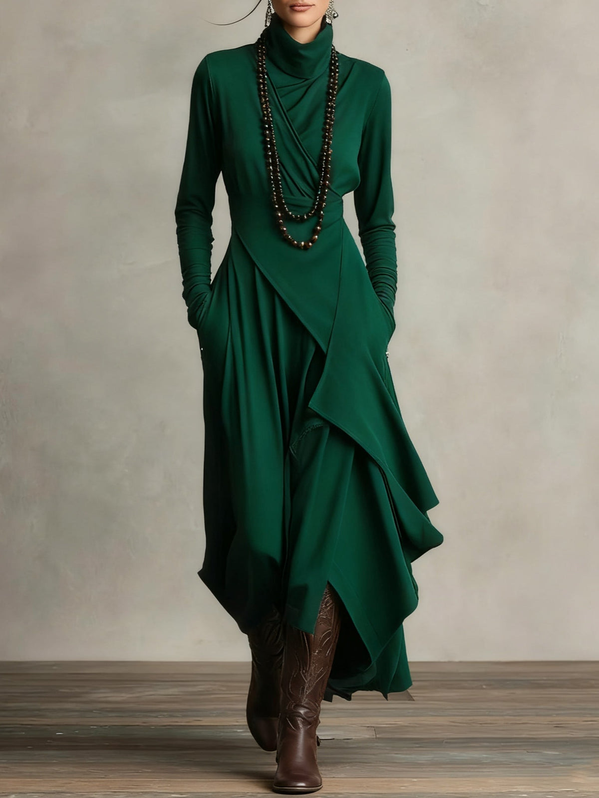 Asymmetric High-Neck Pleated Maxi Dress – Relaxed Fit in Rayon