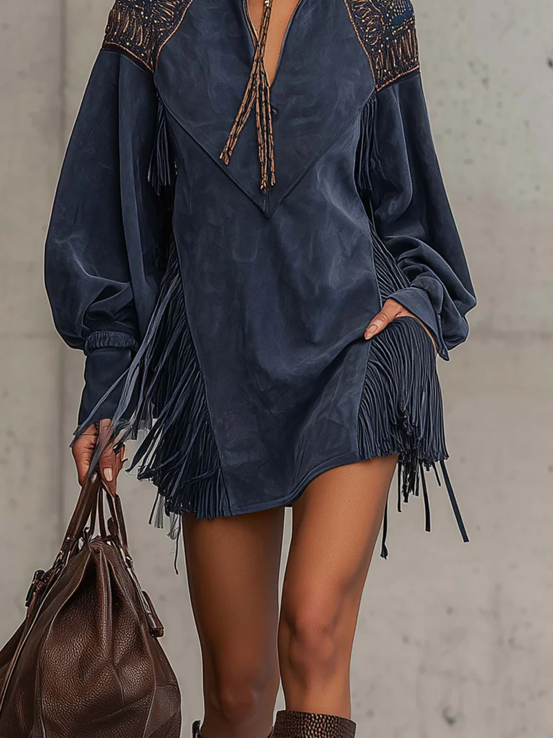 Indigo Blue Faux Suede Mini Dress with Embroidery and Fringe – High Neck with Zipper