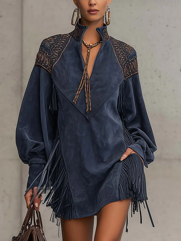 Indigo Blue Faux Suede Mini Dress with Embroidery and Fringe – High Neck with Zipper