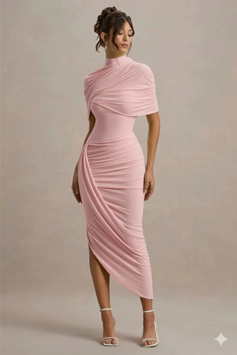 Vestido Midi Cinturado com Detalhe de Drapeado e Costas Nuas
