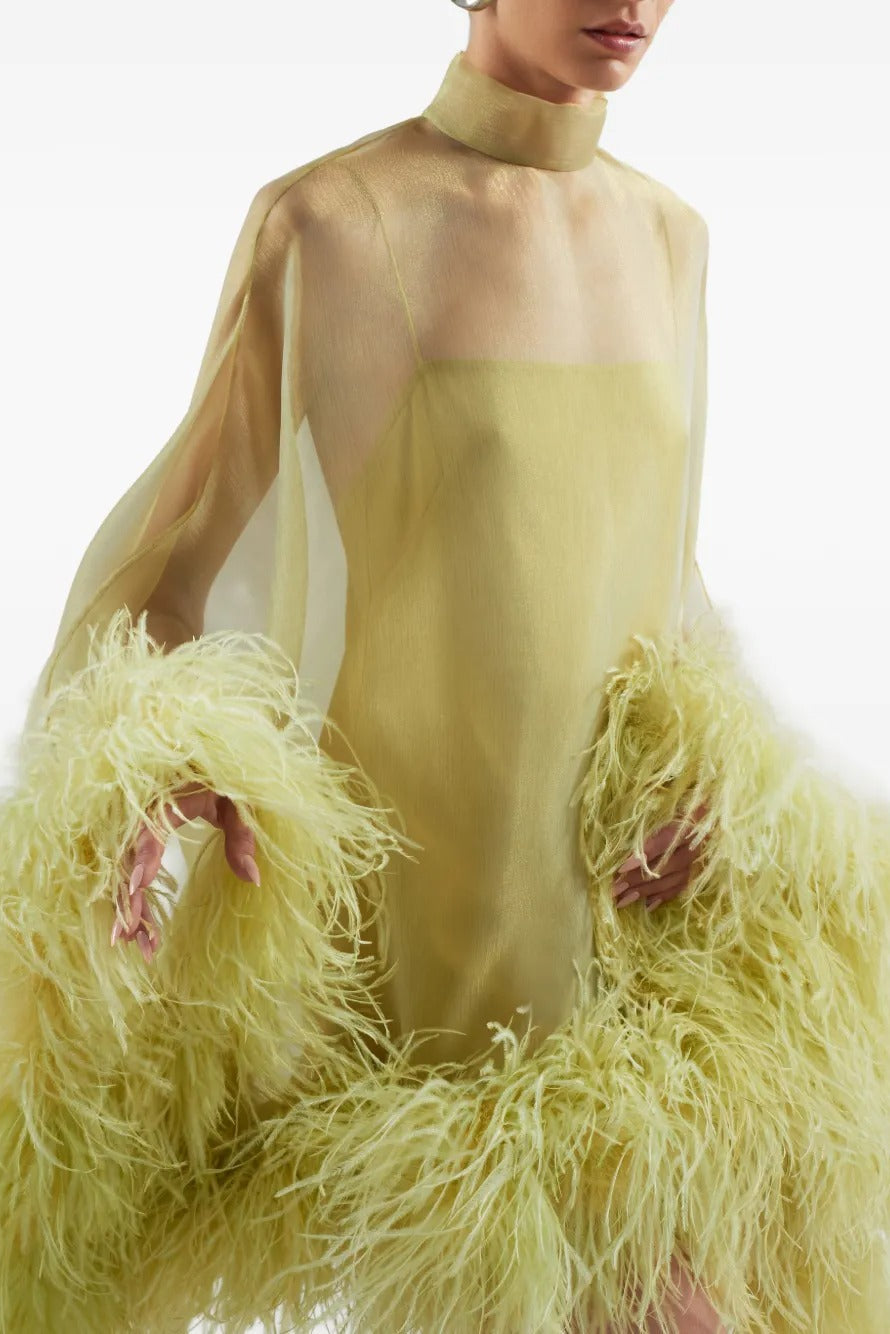 Kiwi Gold Feather-Trimmed Sheer Maxi Dress