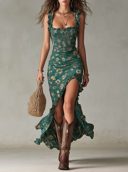Vestido Ayamara – Longo Boho Verde com Fenda e Mangas com Babados