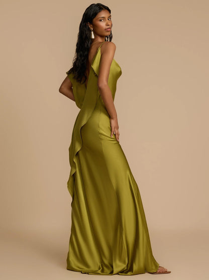 Vestido Longo de Cetim Elegante com Fenda Lateral