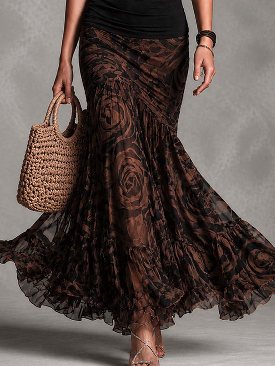 Valentina | Conjunto Preto com Saia Longa Estampada Marrom