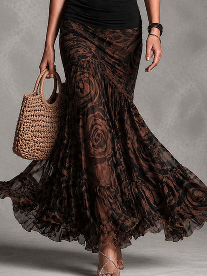 Valentina | Conjunto Preto com Saia Longa Estampada Marrom