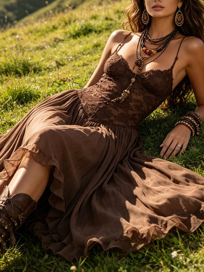 Loreta | Vestido Longo Marrom em Chiffon com Renda