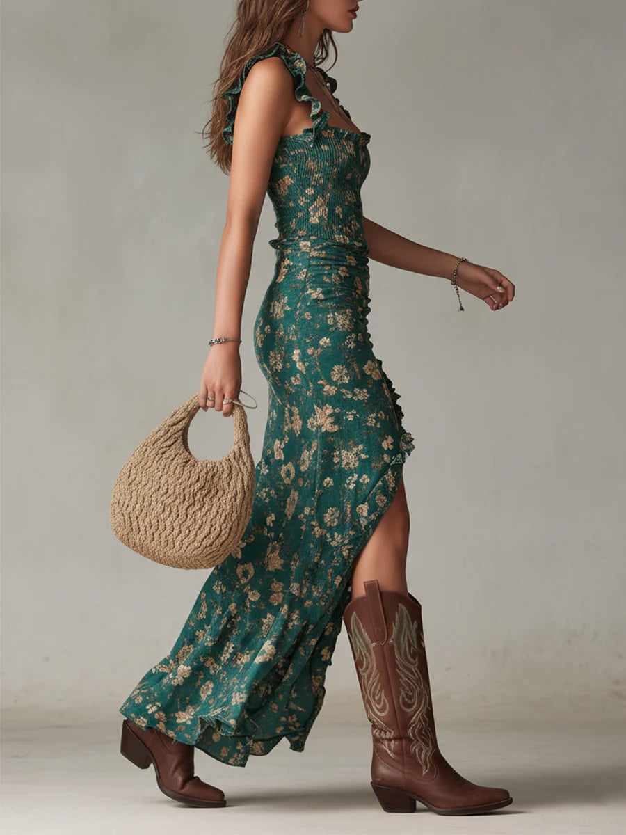 Vestido Ayamara – Longo Boho Verde com Fenda e Mangas com Babados
