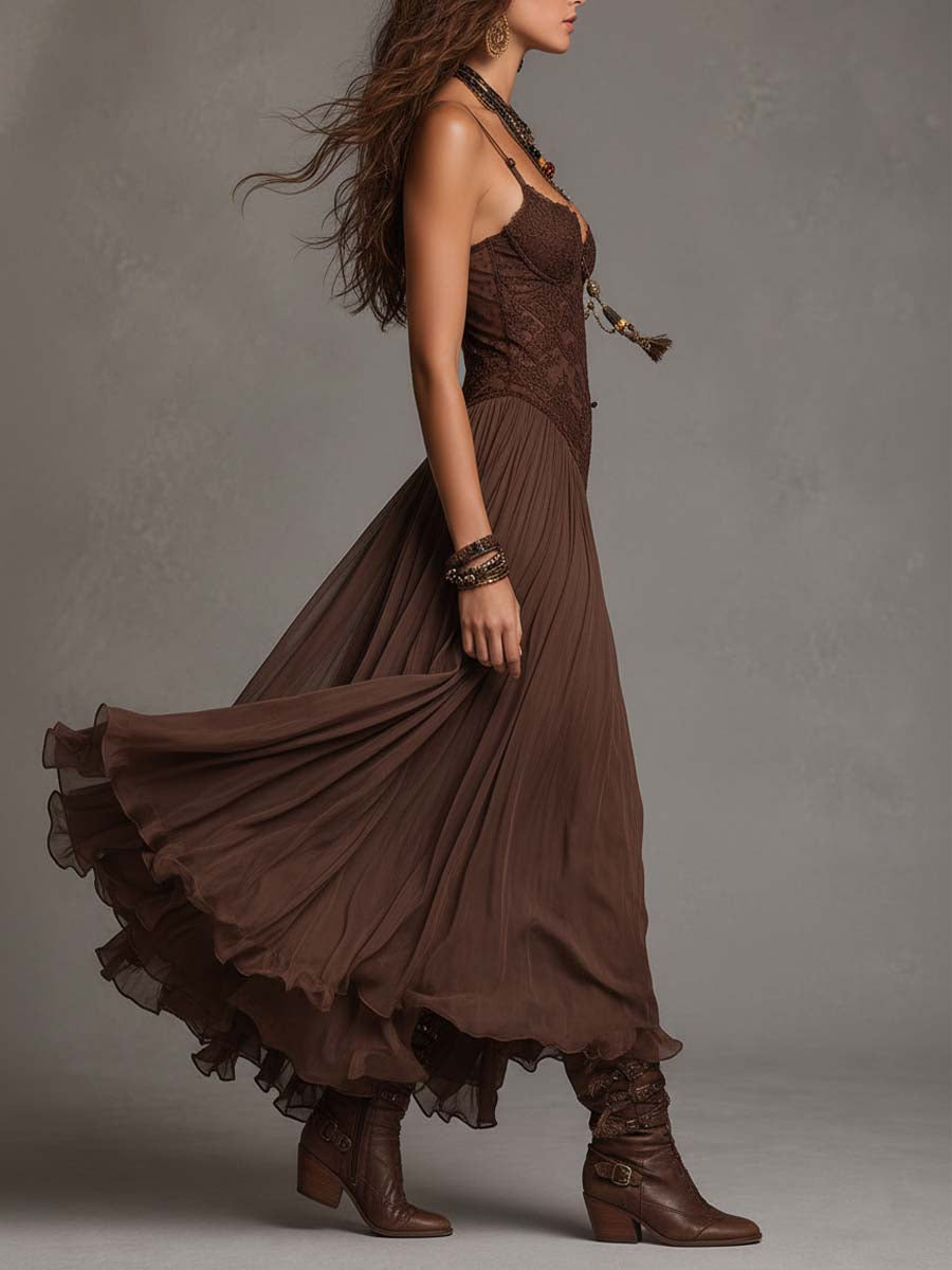 Loreta | Vestido Longo Marrom em Chiffon com Renda