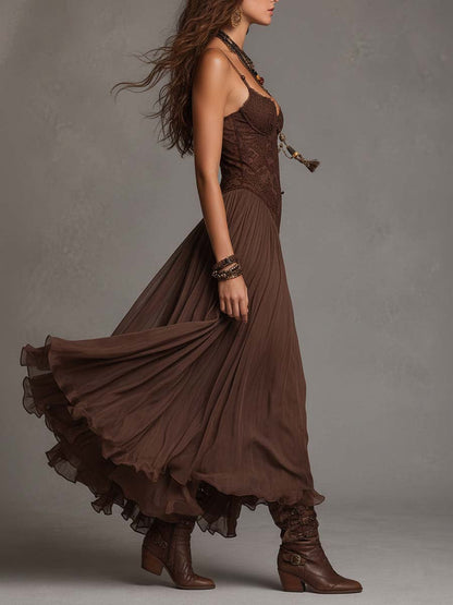 Loreta | Vestido Longo Marrom em Chiffon com Renda