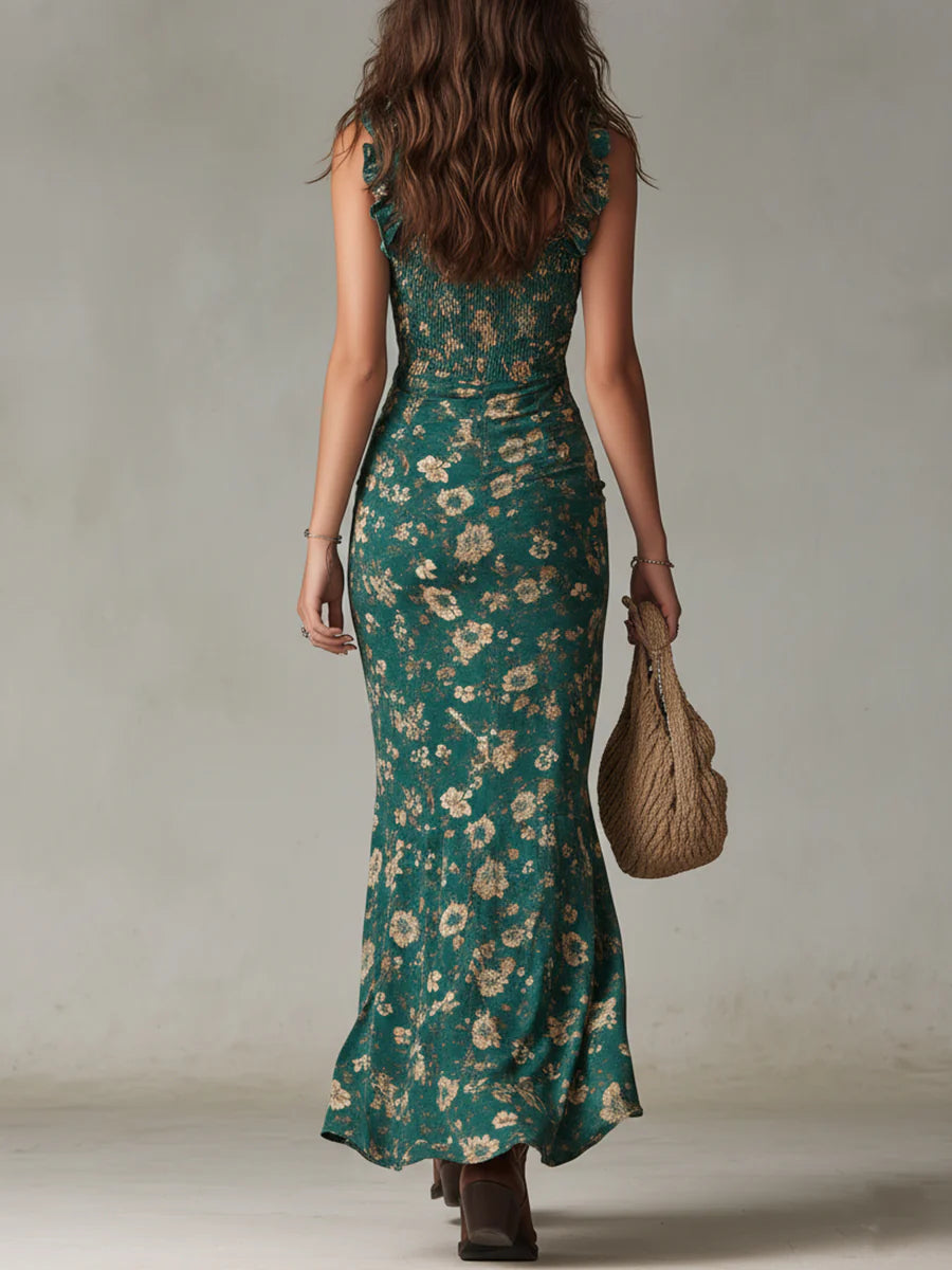 Vestido Ayamara – Longo Boho Verde com Fenda e Mangas com Babados