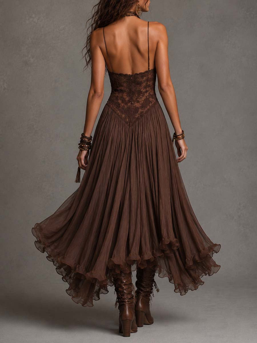 Loreta | Vestido Longo Marrom em Chiffon com Renda