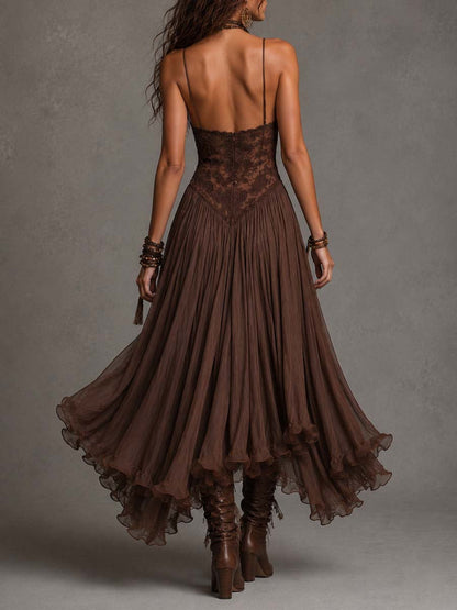 Loreta | Vestido Longo Marrom em Chiffon com Renda