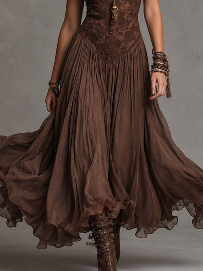 Loreta | Vestido Longo Marrom em Chiffon com Renda