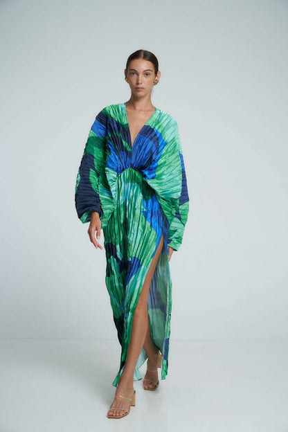 Vestido Maxi Kaftan com Plissado e Estampa - Pamela