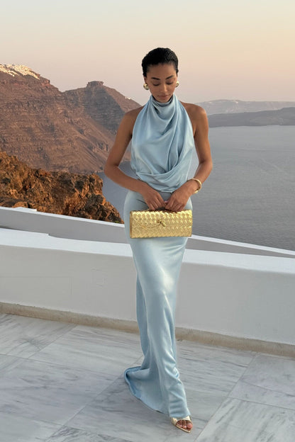 Azure Éclat Satin Maxi Dress