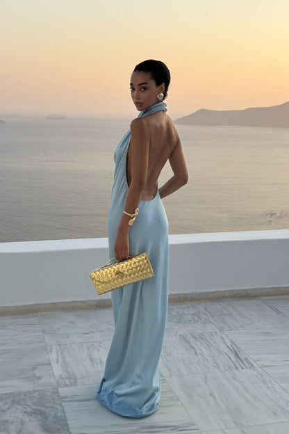 Azure Éclat Satin Maxi Dress