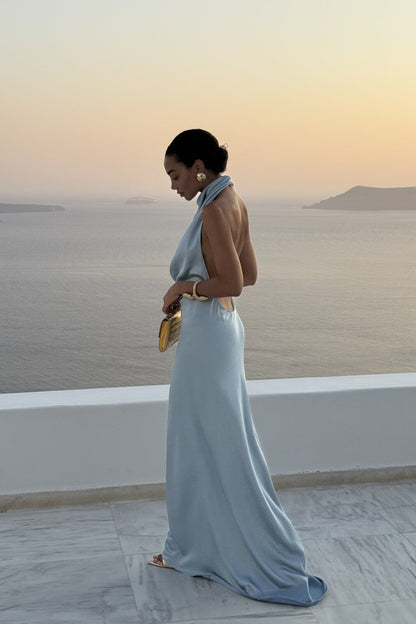 Azure Éclat Satin Maxi Dress