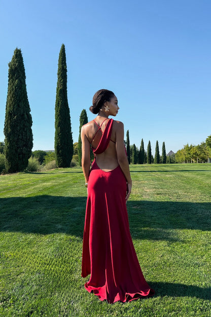 Vestido Longo Bordeaux com Fenda Lateral e Costas Abertas