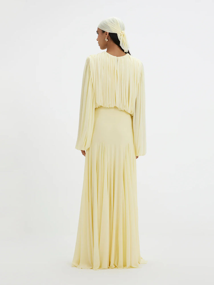 Elegant Pleated Chiffon Maxi Dress with Long Sleeves