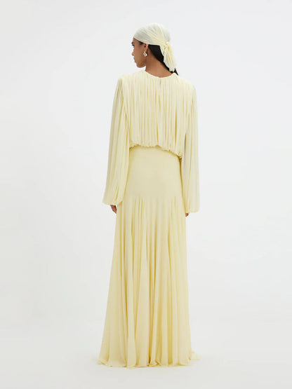 Elegant Pleated Chiffon Maxi Dress with Long Sleeves