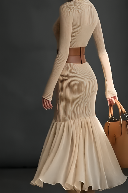 Vestido Longo Tricot Canelado com Gola Alta e Barra Assimétrica com Babado