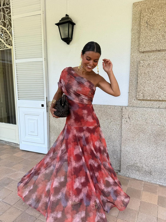 Vestido Longo Tie-Dye de Um Ombro Só