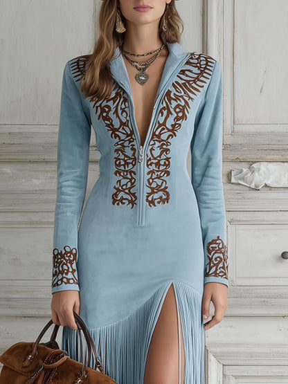 Vestido Longo Western em Camurça Sintética com Franjas e Bordados