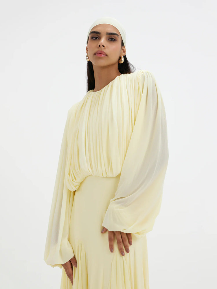 Elegant Pleated Chiffon Maxi Dress with Long Sleeves
