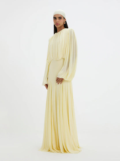 Elegant Pleated Chiffon Maxi Dress with Long Sleeves