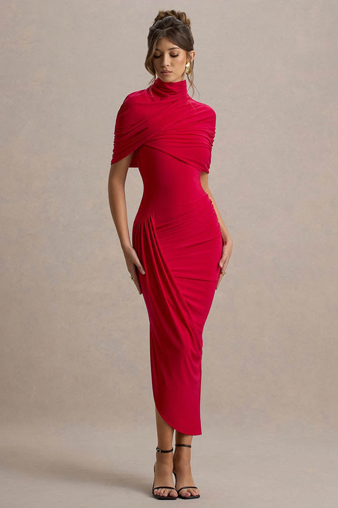 Vestido Midi Cinturado com Detalhe de Drapeado e Costas Nuas