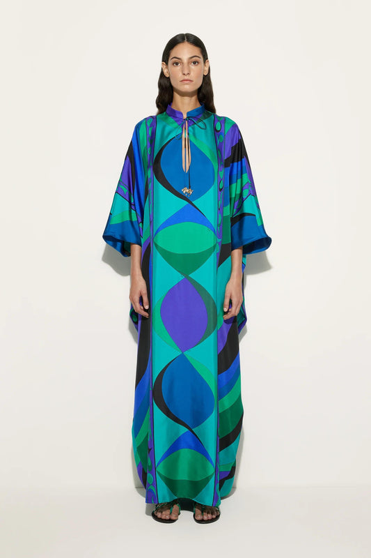 Kaftan Longo em Cetim com Estampa Psicodélica Iride