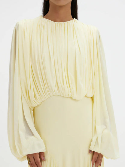 Elegant Pleated Chiffon Maxi Dress with Long Sleeves