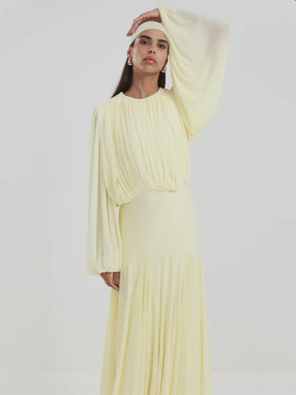 Elegant Pleated Chiffon Maxi Dress with Long Sleeves