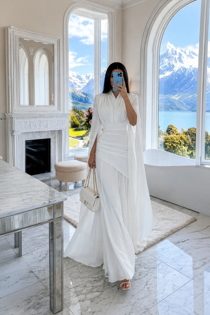 White V-Neck Cape Sleeve Ruched Waist Floor-Length Maxi Dress