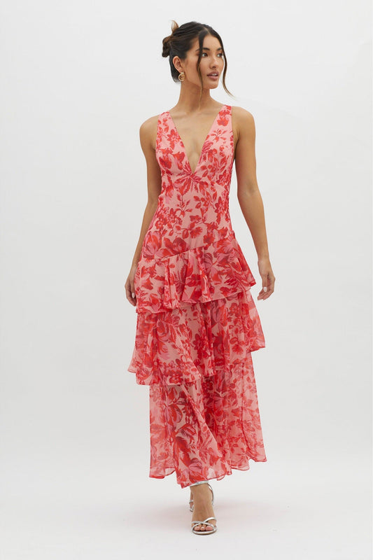 Vestido Longo com Babados e Amarração nas Costas