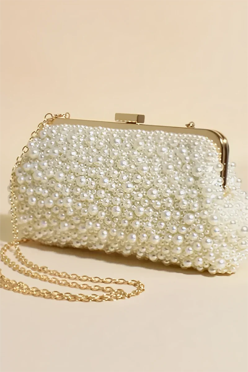Clutch Norma Jean com Pérolas Sintéticas - Creme/Dourado