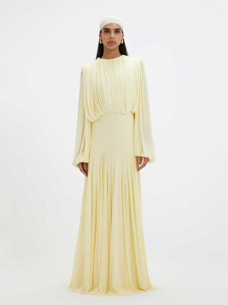 Elegant Pleated Chiffon Maxi Dress with Long Sleeves
