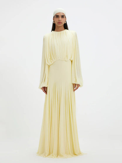 Elegant Pleated Chiffon Maxi Dress with Long Sleeves