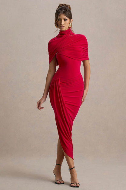 Vestido Midi Cinturado com Detalhe de Drapeado e Costas Nuas