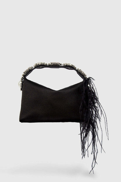 Bolsa Bento de Cetim com Penas e Diamantes