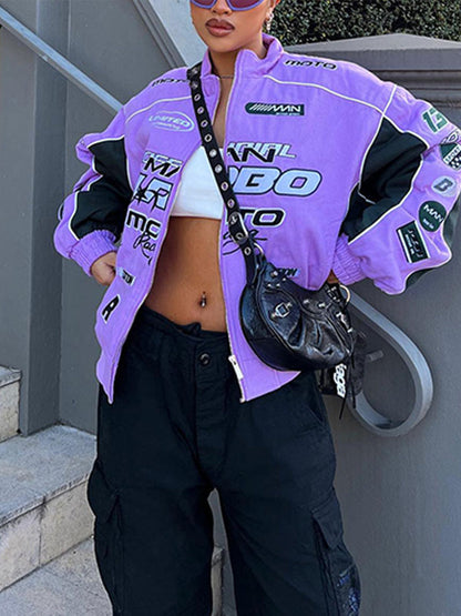 Jaqueta Casual Estampada Solta de Manga Comprida - Lavanda