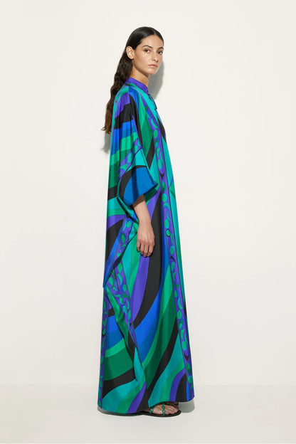 Kaftan Longo em Cetim com Estampa Psicodélica Iride