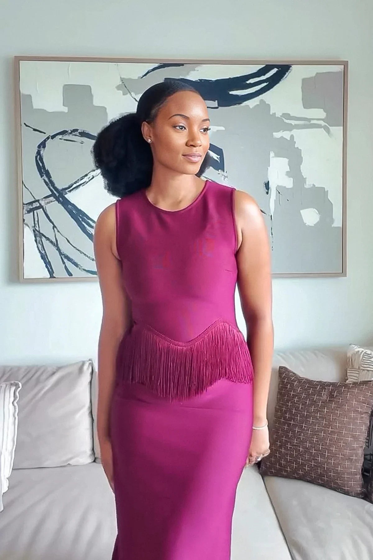 Vestido Zynelle Midi Magenta com Franjas