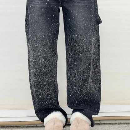 Calça Jeans Feminina Cintura Alta com Strass Luxuosos