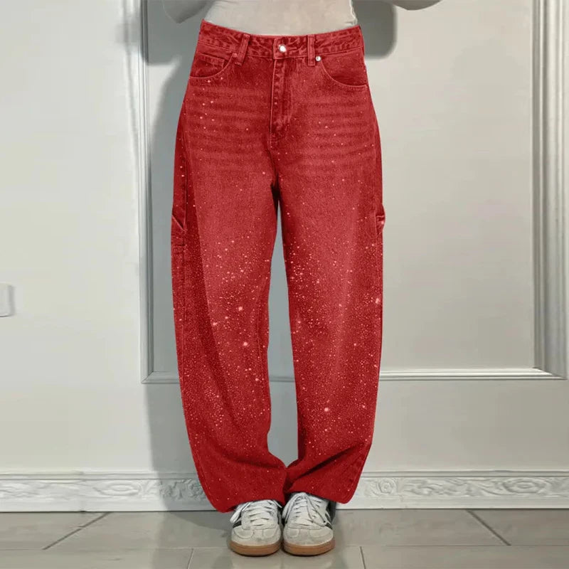 Calça Jeans Feminina Cintura Alta com Strass Luxuosos