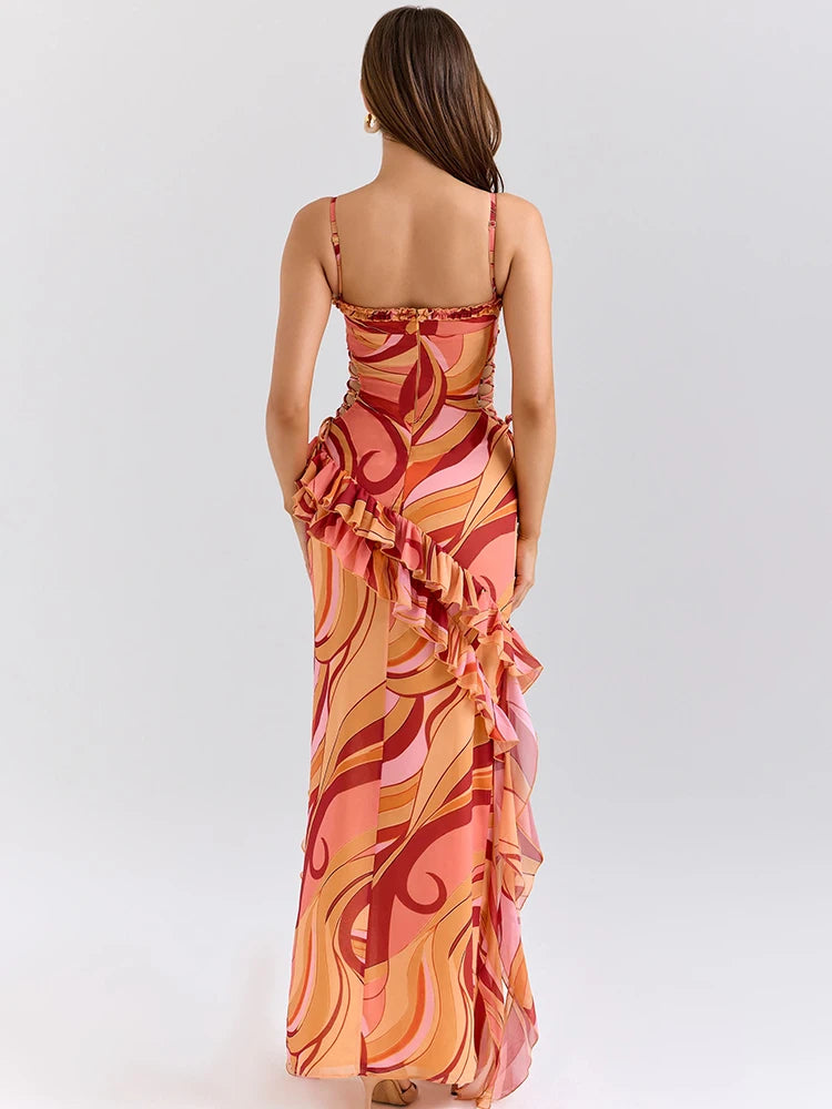 Vestido Longo Encanto Ruffle – Alças Finas e Costas Abertas
