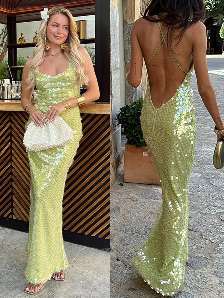 Vestido Longo Paetê Green Maxiane