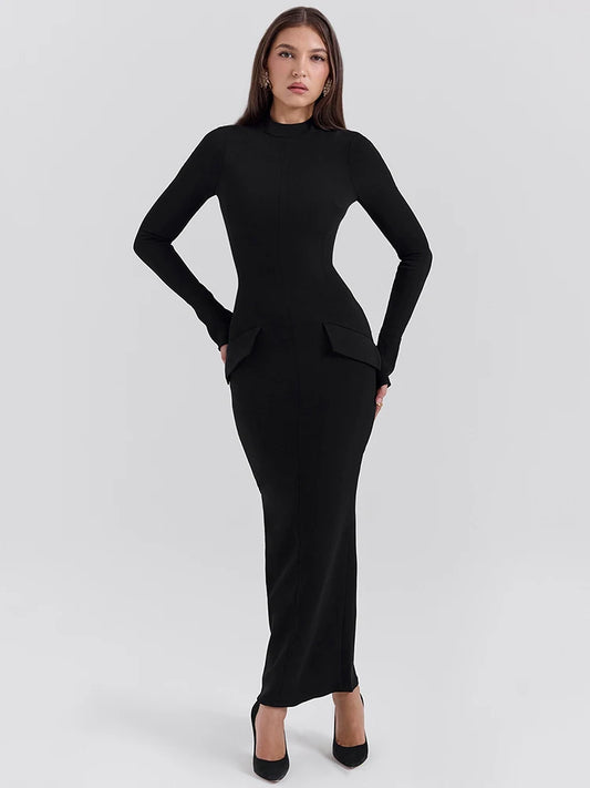 Vestido Lumara Classic – Manga Longa com Fenda e Bolsos